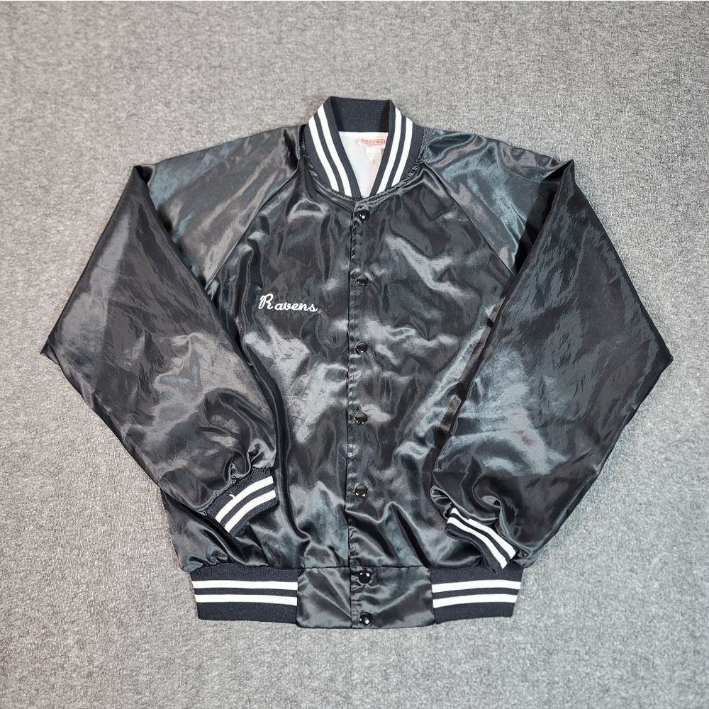 Vintage 80s Hartwell Ravens Satin Bomber Jacket Varsity Black Mens L Made In USA